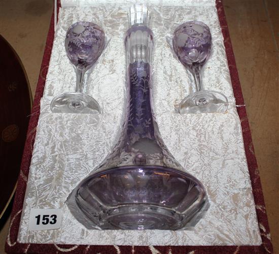 Cased glass decanter and 2 glasses